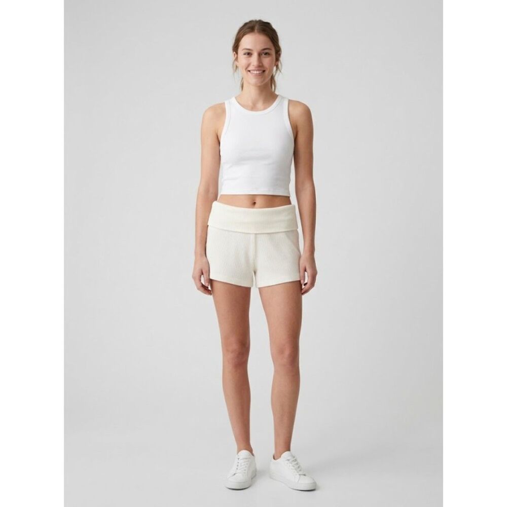 Forever 21 Ivory Ribbed Knit Fold Over Waist Lounge Shorts S